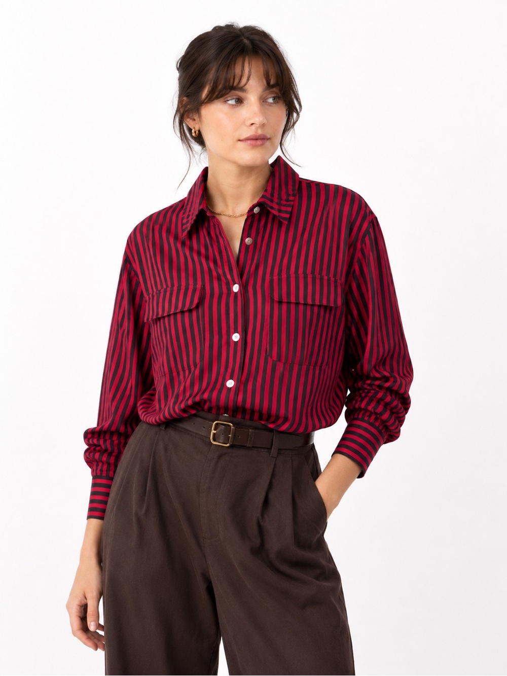 Vintage Silk House 100% Silk Blouse Red Black Striped Dark Academia Women's L